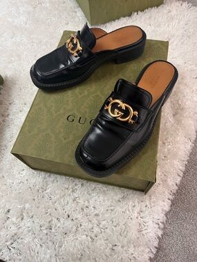 Gucci Black Leather Backless Marmont Mules with Gold Double G